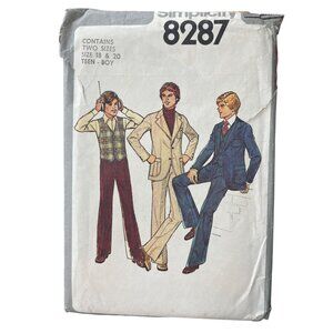 70s Simplicity 8287 Teen Boys Sewing Pattern Sizes 18-20 Pants Vest & Jacket CUT